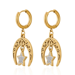 Böhmische goldene Mondsichel und Stern Ohrringe mit Hohlmuster und Zirkonia Dekor