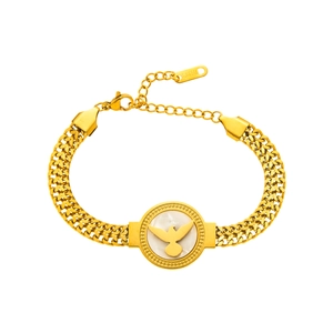 Golden mesh stainless steel bracelet featuring a round peace dove shell charm pendant
