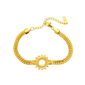 Women's gold stainless steel bracelet featuring sun cutout and woven horsebit chain