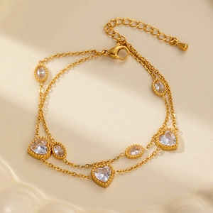 Doppellagiges Armband aus 18k vergoldetem Edelstahl mit ovalen und Herz-Zirkonia