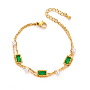 Double-layer gold stainless steel bracelet with green emerald-cut stones and white pearls