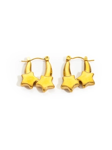 Detail von goldenen Doppelstern-Ohrringen aus Titanstahl mit poliertem Metall-Finish