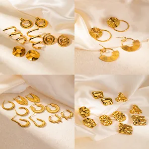 Vintage Gold Plated Stainless Steel Earrings For Women Heart Ginkgo Leaf Butterfly Geometric Hoop Stud Earrings Jewelry