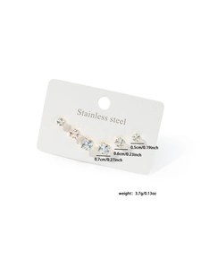 Detailed view of 5 pairs of square zircon earrings in stainless steel with measurements