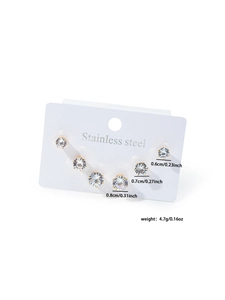 Three pairs of stainless steel stud earrings with cubic zirconia in 6mm, 7mm, and 8mm sizes
