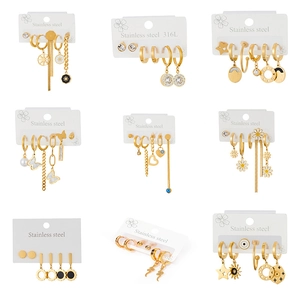 Gold Plated Stainless Steel Earring Set Bohemian Star Moon Heart Evil Eye Butterfly Dangle Stud Earrings For Women Jewelry