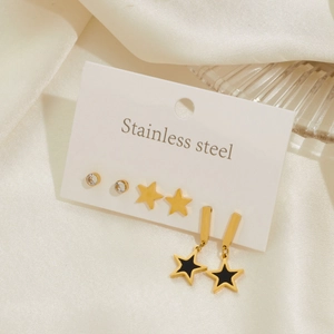 Titanium steel earring set featuring black heart, gold stars and studs for women