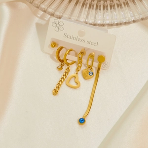 Set orecchini in acciaio inossidabile dorato con ciondoli a cuore blu evil eye e catena