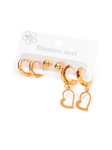 Three-pair gold stainless steel earring set featuring hoops, beads, and heart charms