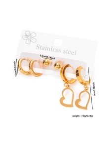 Detailed set of gold stainless steel earrings featuring hoops, studs and heart dangles
