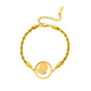 Detail of gold stainless steel rope chain bracelet with evil eye beads and coin pendant
