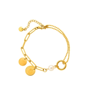 Gold stainless steel coin bracelet with pearl and Elizabeth II medallion pendant