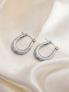 Detail van zilveren titanium stalen oorbellen met gedraaid spiraalontwerp en gespsluiting