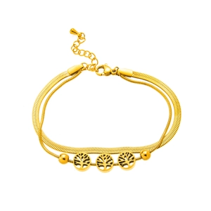 Detailed macro of gold double-layer chain bracelet featuring Tree of Life charms and lobster clasp