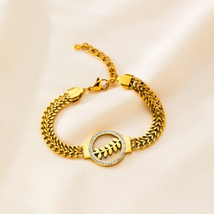Elegant gold titanium steel bracelet with a crystal-encrusted olive leaf pendant