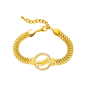 Close-up of gold feather pendant on woven chain with sparkling crystal accents