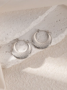 Gedetailleerde weergave van zilveren titanium stalen oorringen met schelpachtige radiale textuur