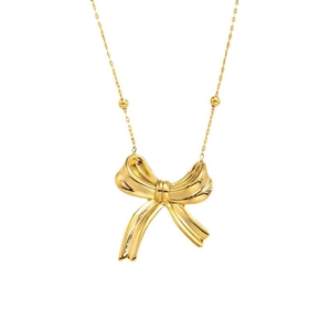Elegante goldene Schleife Anhänger Halskette mit feiner Struktur und Perlenakzenten