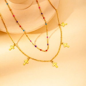 Double-layered gold stainless steel necklace with colorful beads and cross pendants