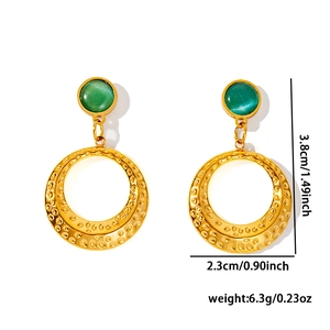 Detailed dimensions of gold-plated butterfly earrings with green stones and hammered rings