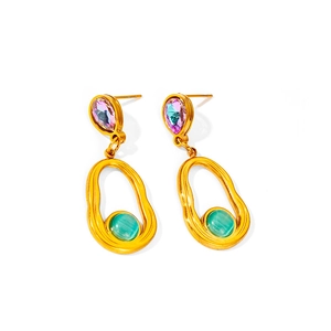Irregular vintage earrings with colorful crystals and green stones in gold finish