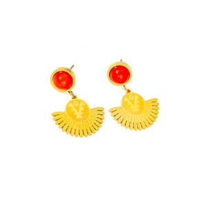 Detail view of 18K gold plated butterfly earrings with red gemstone and sun totem fan pendant