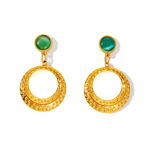 French vintage style gold hammer-textured hoop earrings with green turquoise inlay