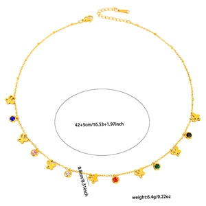 Golden stainless steel necklace featuring colorful zircon stones and butterfly pendants