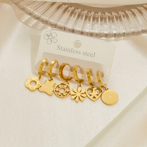 Set di 6 paia di orecchini in acciaio inossidabile dorato con ciondoli a stella e fiori
