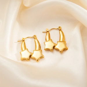 Chic gold-plated titanium steel star earrings with double pentagram charms for women