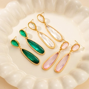 Pendientes Colgantes de Gota de Agua de Acero Inoxidable Vintage para Mujer Chapados en Oro Esmeralda Rosa Cristal Claro Joyería