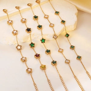 Golden titanium steel bracelets with emerald and colorful crystal stars and rhombuses