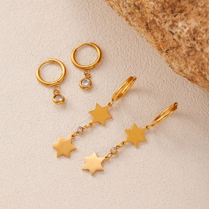 Elegant gold-plated stainless steel hoop earrings with star charms and clear zircon stones