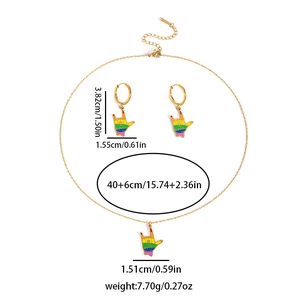 Detailed dimensions of rainbow ILY hand pendant and earrings jewelry set in gold