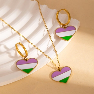 Detailed set of gold-plated necklace and earrings featuring genderqueer pride heart charms