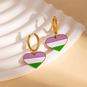 Close-up of gold-plated heart earrings with purple white and green striped enamel