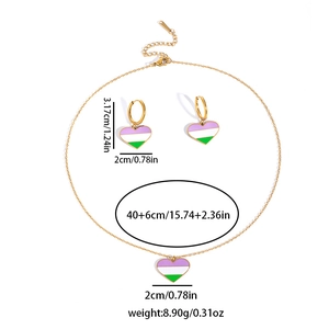 Rainbow heart jewelry set with necklace and earrings showing dimensions and weights