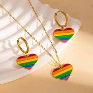 Detail of heart rainbow enamel pendant necklace and matching round earrings set