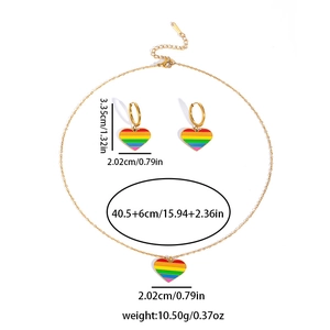 Detailed specs of rainbow heart necklace and earrings set with measurements and weight