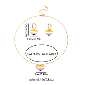 Detailed dimensions of heart non-binary flag pendant necklace and earrings set