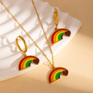 Rainbow heart pendant necklace and hoop earrings jewelry set in gold stainless steel finish