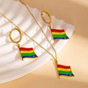 Rainbow pride flag necklace and earrings set in gold stainless steel with love is love engraving