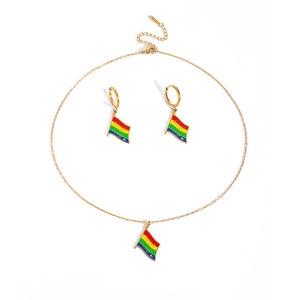 Rainbow flag jewelry set with love engraving necklace and earrings in gold-tone finish
