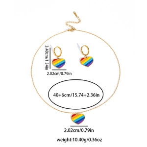 Rainbow heart jewelry set details with necklace and earrings size measurements