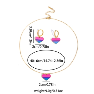 Rainbow striped heart pendant necklace and earrings set with detailed dimensions and weight