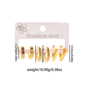 Detailed view of three pairs of gold stainless steel hoop earrings on a display card