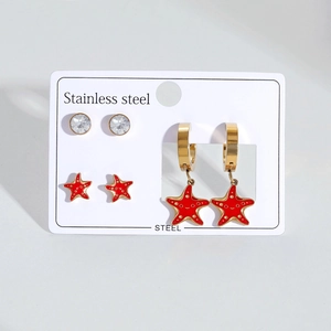 Parure de bijoux en acier inoxydable avec étoiles en émail rouge et clous en cristal