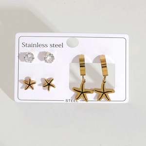 Edelstahl-Ohrring-Set mit drei Paaren bestehend aus Seestern-Steckern und Goldreifen