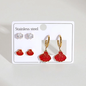 Parure de boucles d'oreilles en acier inoxydable doré avec coquillages et zircons