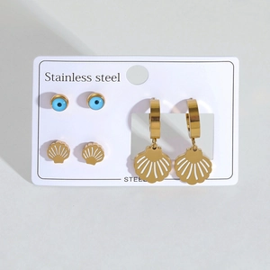 Dreiteiliges Edelstahl-Ohrringset mit goldenen Muscheln und blauen Evil-Eye-Steckern